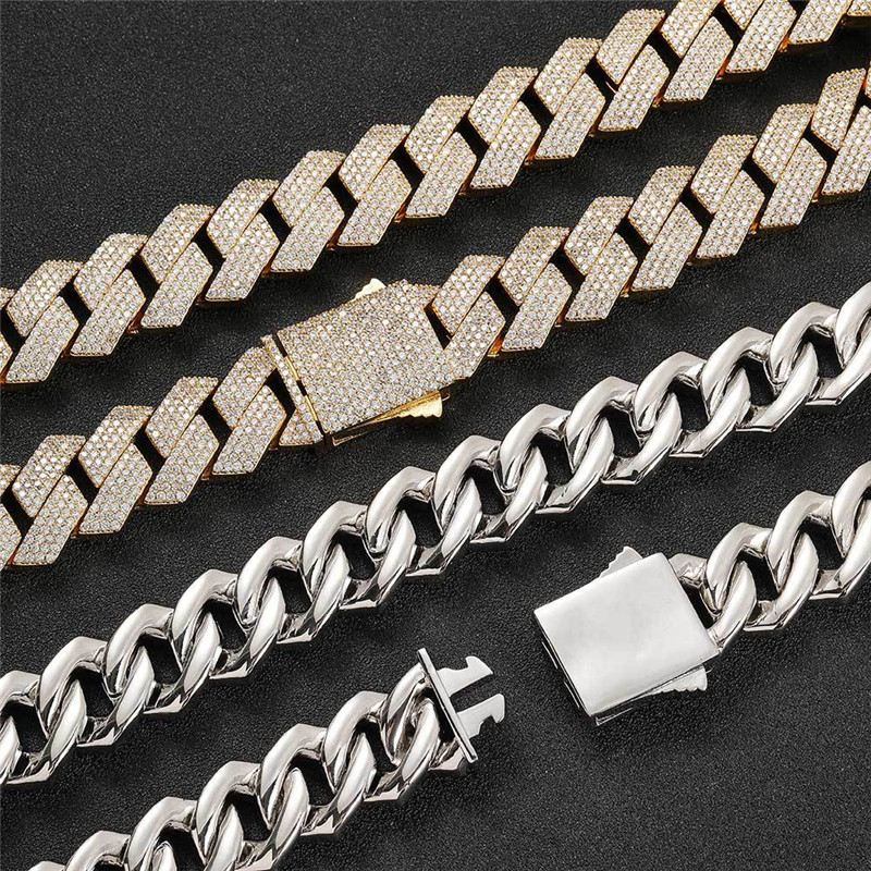 necklace moissanite chain 19mm Wide Iced Out Chains Stone Gold Plated Miami Cuban Link Chain Necklace Bracelet Mens Hip hop Jewelry gift
