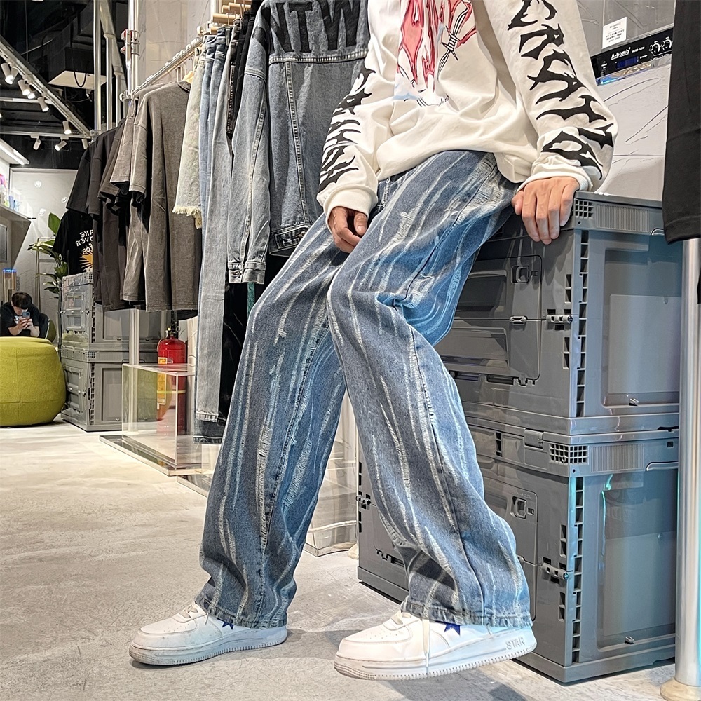 Men's Jeans Blue Jeans Mens Fashion Snowflake Hole Washing Trousers Men Streetwear Hip Hop Skateboard Jean Pants Loose Straight Denim 221008