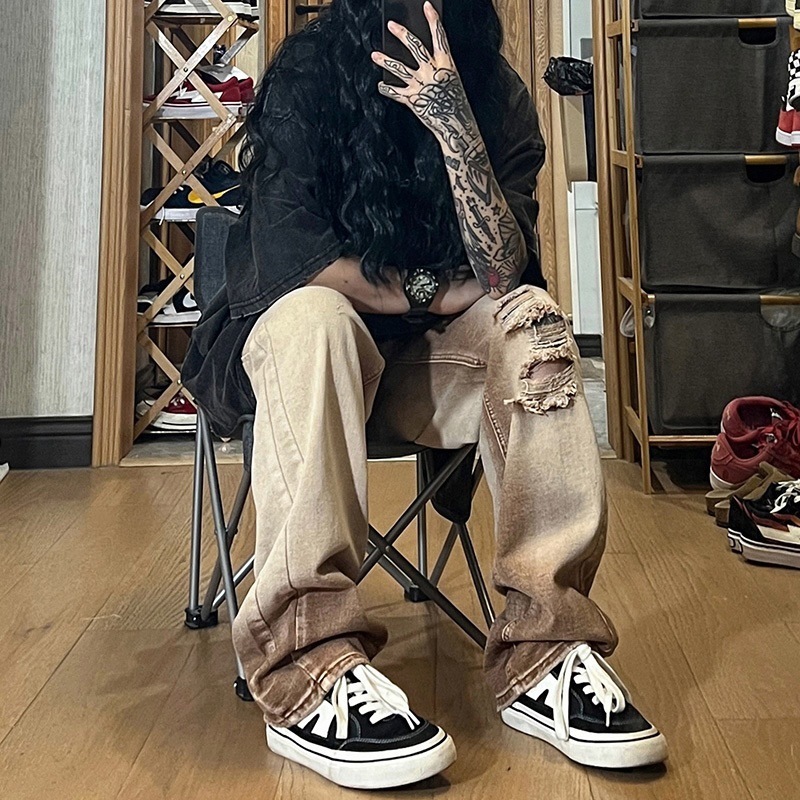 Men's Jeans High Street Ripped Jeans Men's Distressed Washed Vintage Straight Wide Leg Pants Streetwear Destroyed Hip Hop Broken Jeans 22100