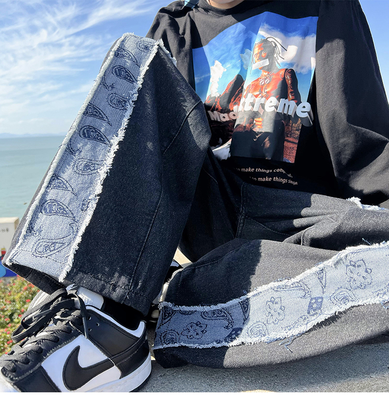 Men's Jeans Cashew Flower Printed Men Jeans Patchwork Denim Straight Jean Pants Black Men's Hip Hop Jeans Neutral Streetwear denim Trousers 
