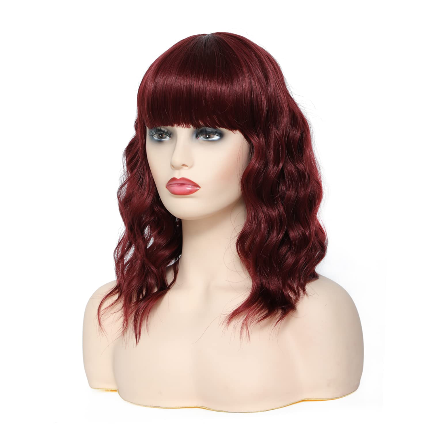 Red Wavy with Bangs Women Wig Short Curly Bob Wigs with Bangs 14 Inch Shoulder Length Wine Red Hair White Women Wigs for Black Women