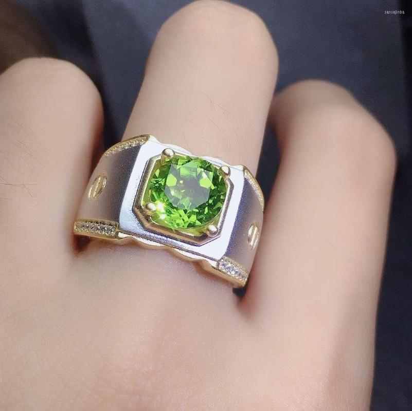 Cluster Rings Fine Jewelry Natural Peridot Real 925 Sterling Silver Part Gold Plated Adjustable Men Ring Support Test Classic Good Gift