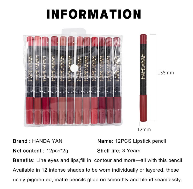 Pcs/Lot Pencil Lipstick Long-Lasting Waterproof 2 12 Colors Saturated Matte Lip Er