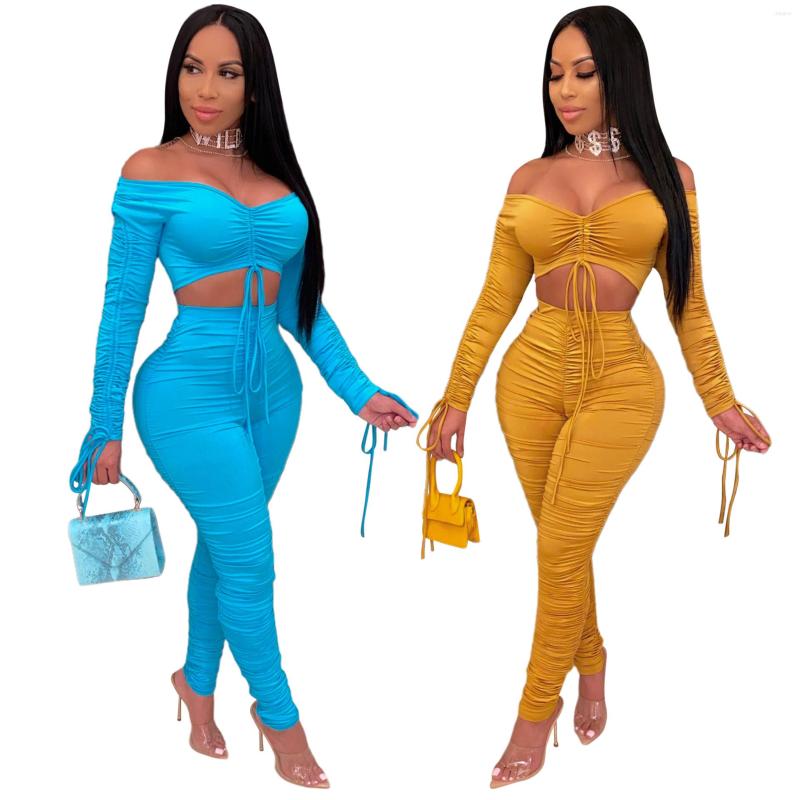 Women' Two Piece Pants Solid Color Pleated Women Two-piece Suit Fashion High Waist Off Shoulder Long Sleeve 2pcs Navel Drawstring Folds, Blue
Women' Two Piece Pants Solid Color Pleated Women Two-piece Suit Fashion High Waist Off Shoulder Long Sleeve 2pcs Navel Drawstring Folds, Blue