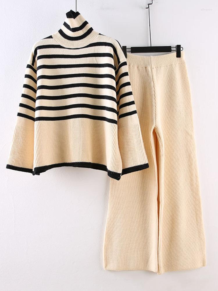 Women's Two Piece Pants 2 Pieces Sets Knitted Turtleneck Striped Sweater With Loose Casual Wide-leg Women's Autumn And Winter M862, Beige 
Women's Two Piece Pants 2 Pieces Sets Knitted Turtleneck Striped Sweater With Loose Casual Wide-leg Women's Autumn And Winter M862, Beige