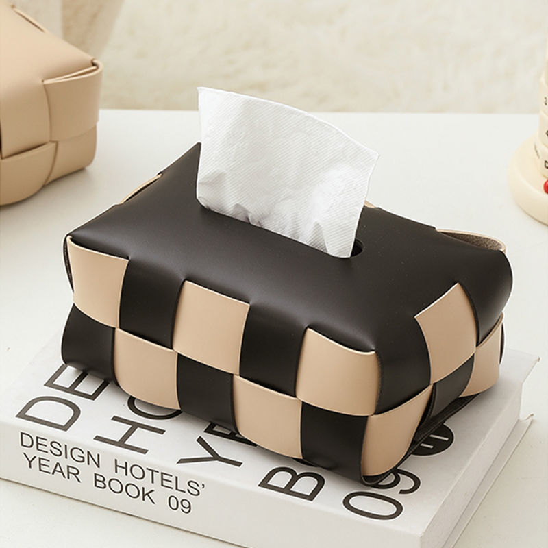 Tissue Boxes Napkins Checkerboard Woven Box Fashion Leather Napkin Case Living Room Office Desktop Home Decoration Creative Paper Towel Cover 221008