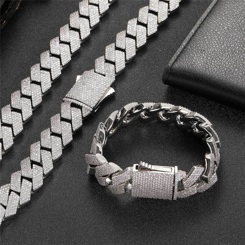 necklace moissanite chain 19mm Wide Iced Out Chains Stone Gold Plated Miami Cuban Link Chain Necklace Bracelet Mens Hip hop Jewelry gift