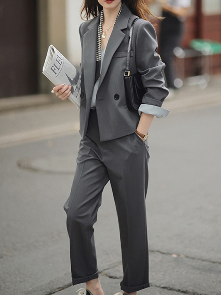 Women's Suits Blazers Autumn Workwear 2 Pieces Blazer Set Women Business Suit Jacket High Waist Pencil Pants Female Fashion Grey Pantsuits Outfit