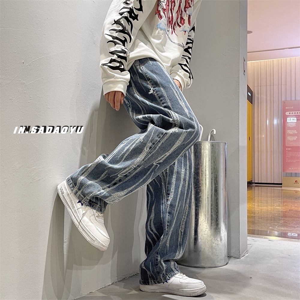 Men's Jeans Blue Jeans Mens Fashion Snowflake Hole Washing Trousers Men Streetwear Hip Hop Skateboard Jean Pants Loose Straight Denim 221008