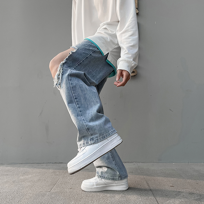 Men's Jeans High Street Jeans for Men Light Blue Straight Frayed Ripped Hole Mens Thin Summer Casual Denim Pants Baggy Hip Hop Trousers 221008