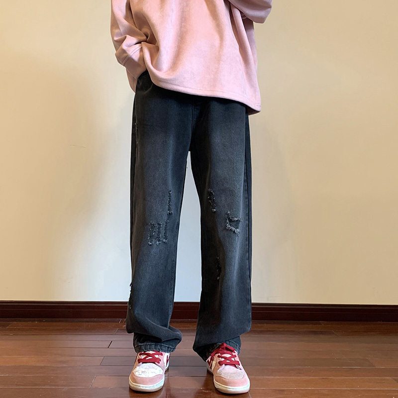 Men's Jeans Autumn Fashion Men's Baggy Jeans Unisex Ripped Straight Denim Wideleg Pants Hip Hop Streetwear Trousers BlackBrown 221008
