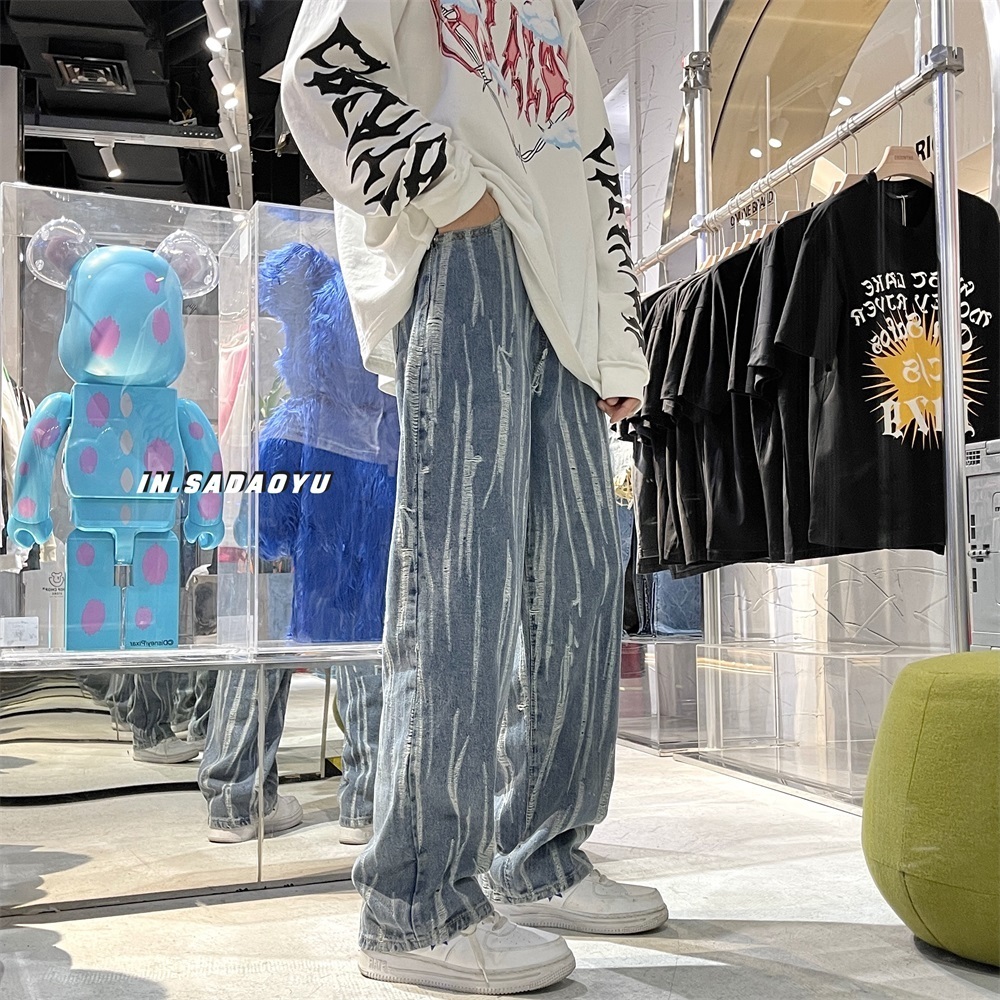 Men's Jeans Blue Jeans Mens Fashion Snowflake Hole Washing Trousers Men Streetwear Hip Hop Skateboard Jean Pants Loose Straight Denim 221008