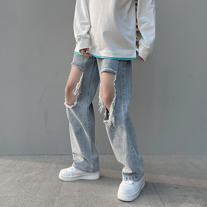 Men's Jeans High Street Jeans for Men Light Blue Straight Frayed Ripped Hole Mens Thin Summer Casual Denim Pants Baggy Hip Hop Trousers 221008