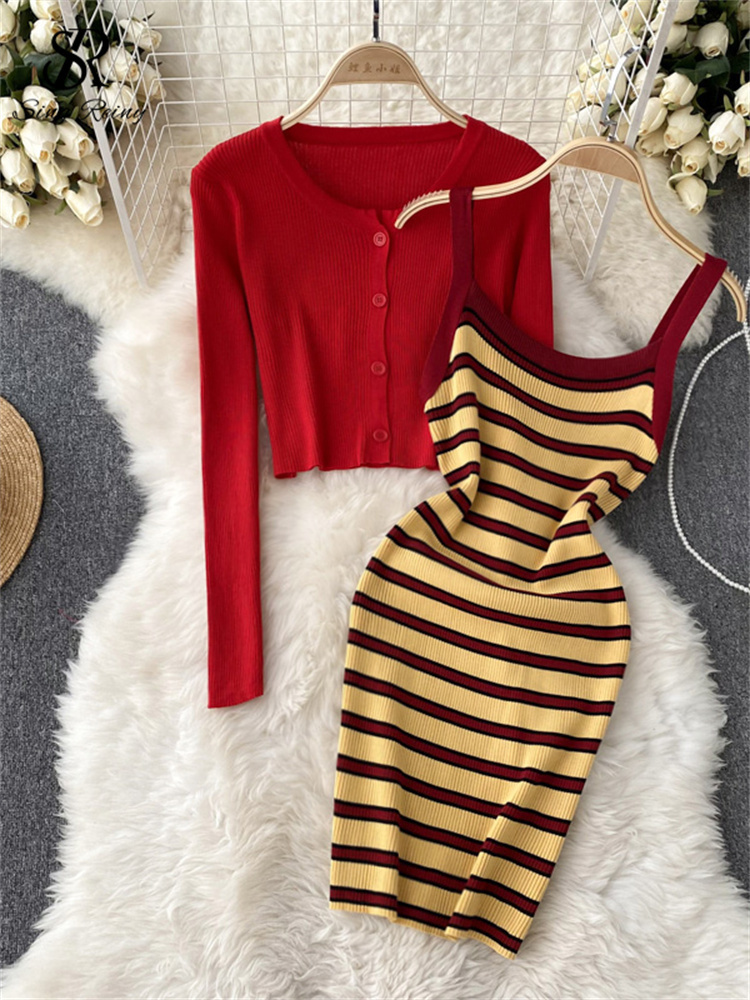 Two Piece Dress SINGREINY Autumn Fashion Sexy Knitted Sets Long Sleeve Cardigan Top Slim Striped Cami OL Sweater Pieces Sutis 221010, Yellow
Two Piece Dress SINGREINY Autumn Fashion Sexy Knitted Sets Long Sleeve Cardigan Top Slim Striped Cami OL Sweater Pieces Sutis 221010, Yellow