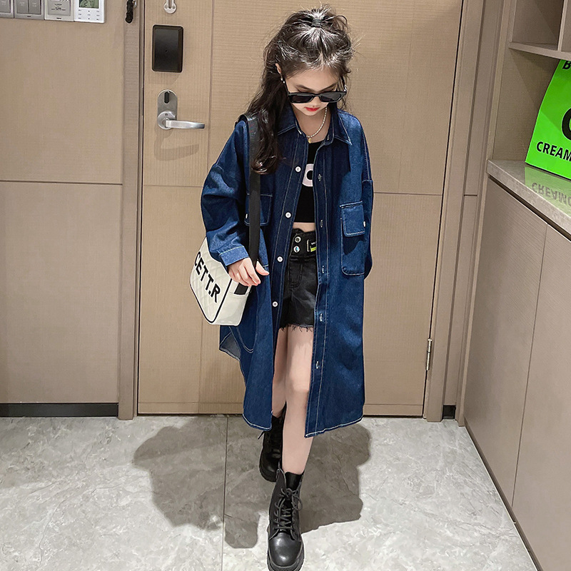 Jackets Girls X Long Denim Trench Coat 8 10 12 years Kids Fashion Loose Outfits Spring Fall Teen Girl Outfit 221010