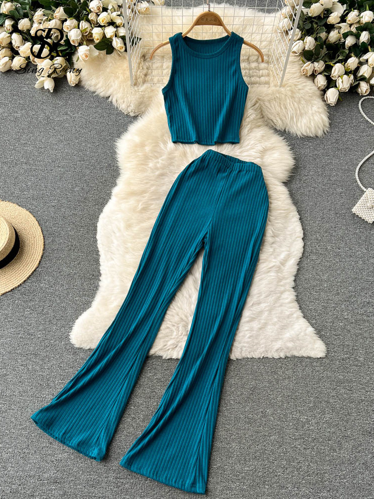 Women's Two Piece Pants SINGREINY Women Casual Pants Set Fashion Bodycon Slim Short Tank Top Striped Wide Legs Long Pants Solid Summer Two Piece 