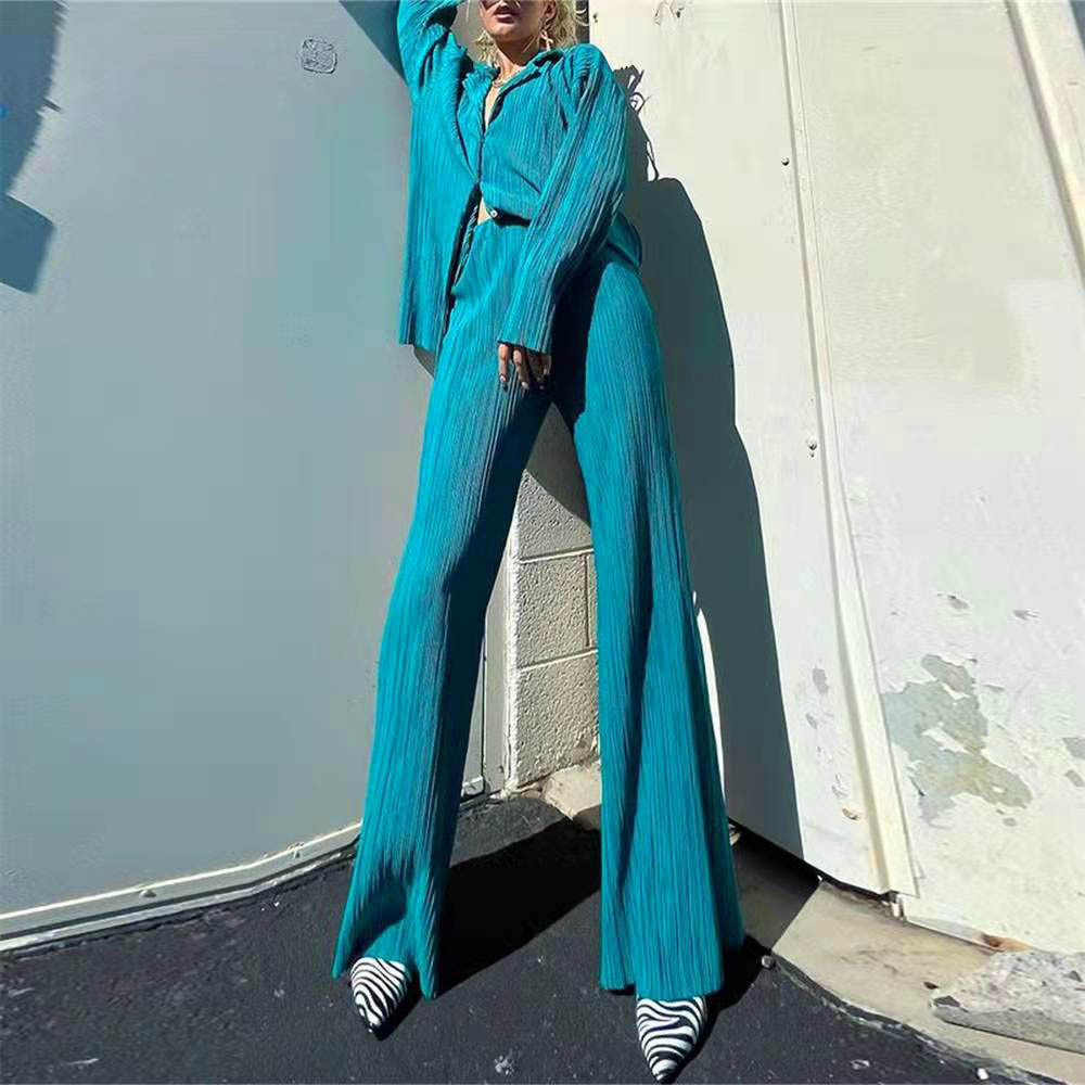 Women's Two Piece Pants Women's Suit Solid Long Sleeve Pleated Blouse With High Wasit Pants 2 piece Sets Womens Outfits Loose Elegant Office