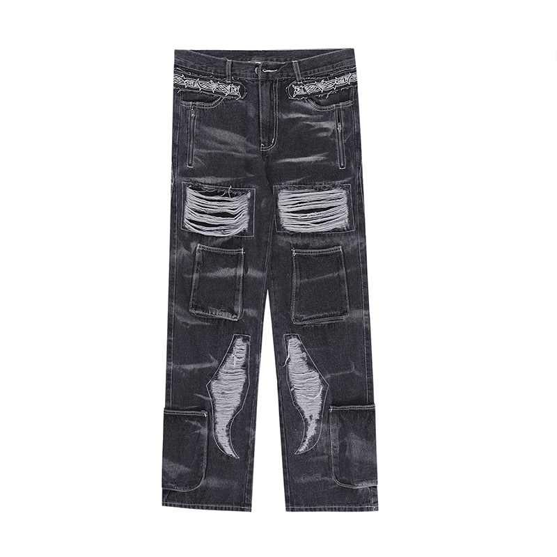 Pants Frayed Hole Pocket Ripped Straight Patchwork Men's Jeans Cargo High Street Letter Embroidery Baggy Casual Denim Trousers
Pants Frayed Hole Pocket Ripped Straight Patchwork Men's Jeans Cargo High Street Letter Embroidery Baggy Casual Denim Trousers