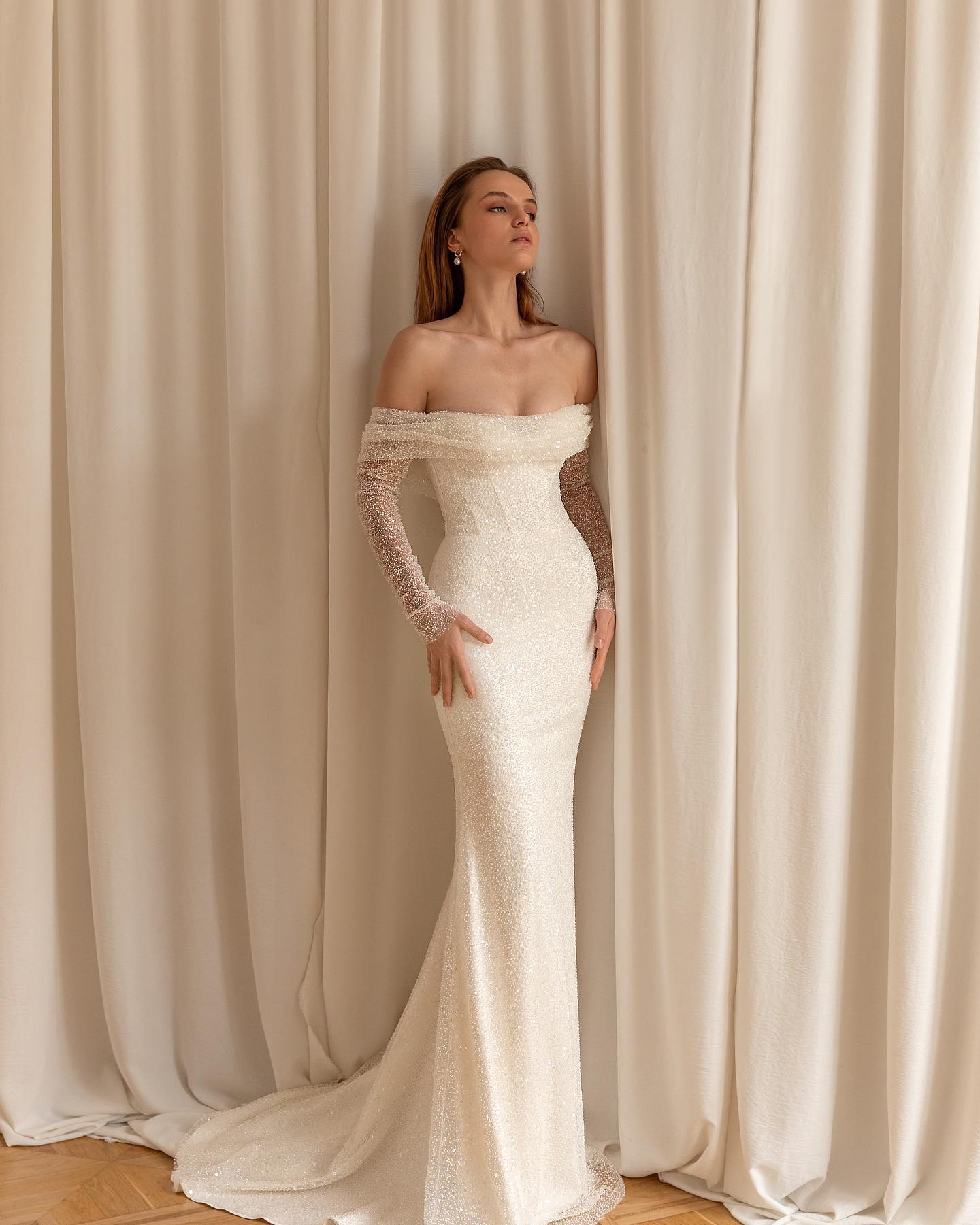 Eva Lendel Sparkly Beading Mermaid Wedding Dress With Detachable Train Off The Shoulder Long Sleeve Bridal Gowns Sequined robes de mariee