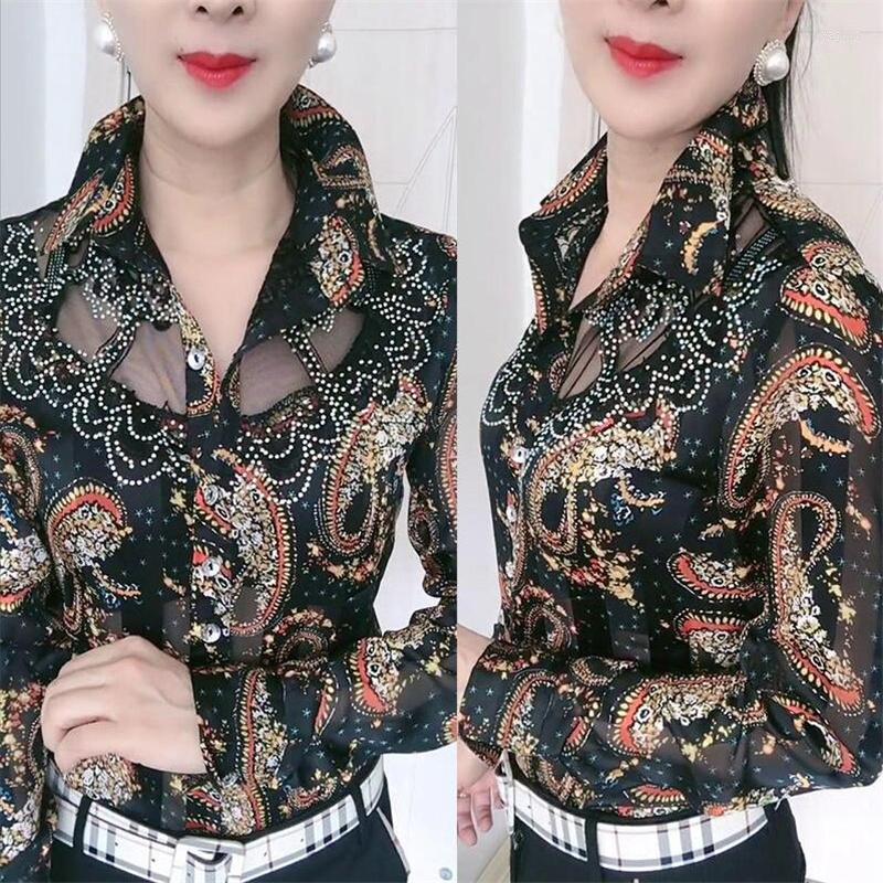 Women's Blouses Diamond-studded Mesh Lace Female Chiffon Shirts Long Sleeve Lapel Print Thin Blouse Tops Elegant Bottoming Camisas Mujer, Black
Women's Blouses Diamond-studded Mesh Lace Female Chiffon Shirts Long Sleeve Lapel Print Thin Blouse Tops Elegant Bottoming Camisas Mujer, Black