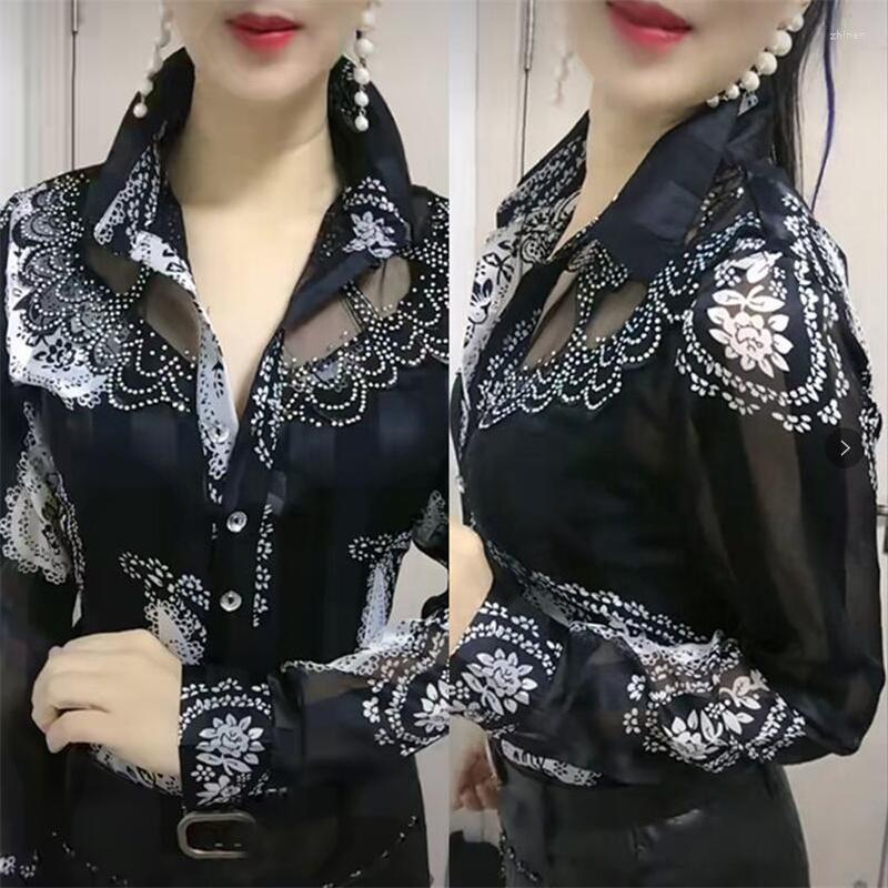 Women's Blouses Drill Lace Shirt For Women Trendy Mesh Tloral Chiffon Blouse Lapel Thin Summer Top Femme Bluas Office Ladies Caluas, Color long sleeves
Women's Blouses Drill Lace Shirt For Women Trendy Mesh Tloral Chiffon Blouse Lapel Thin Summer Top Femme Bluas Office Ladies Caluas, Color long sleeves