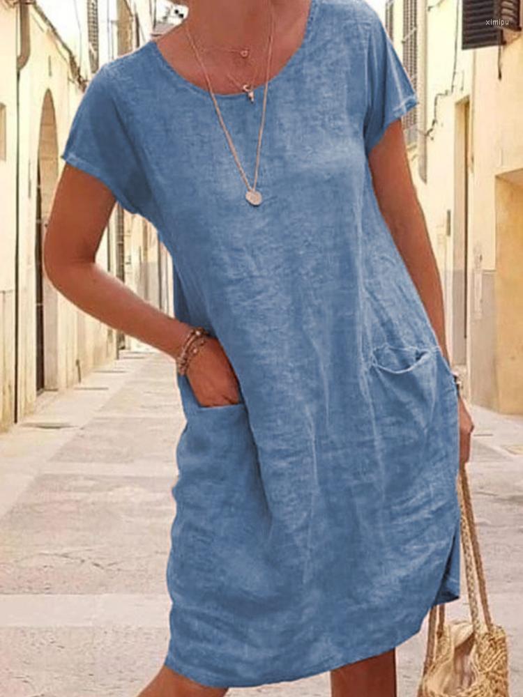 Casual Dresses 2022 Summer Loose Solid Color Pocket Short Sleeve Round Neck Cotton Linen Mid Waist Dress Women 's Clothing, Style2
Casual Dresses 2022 Summer Loose Solid Color Pocket Short Sleeve Round Neck Cotton Linen Mid Waist Dress Women 's Clothing, Style2