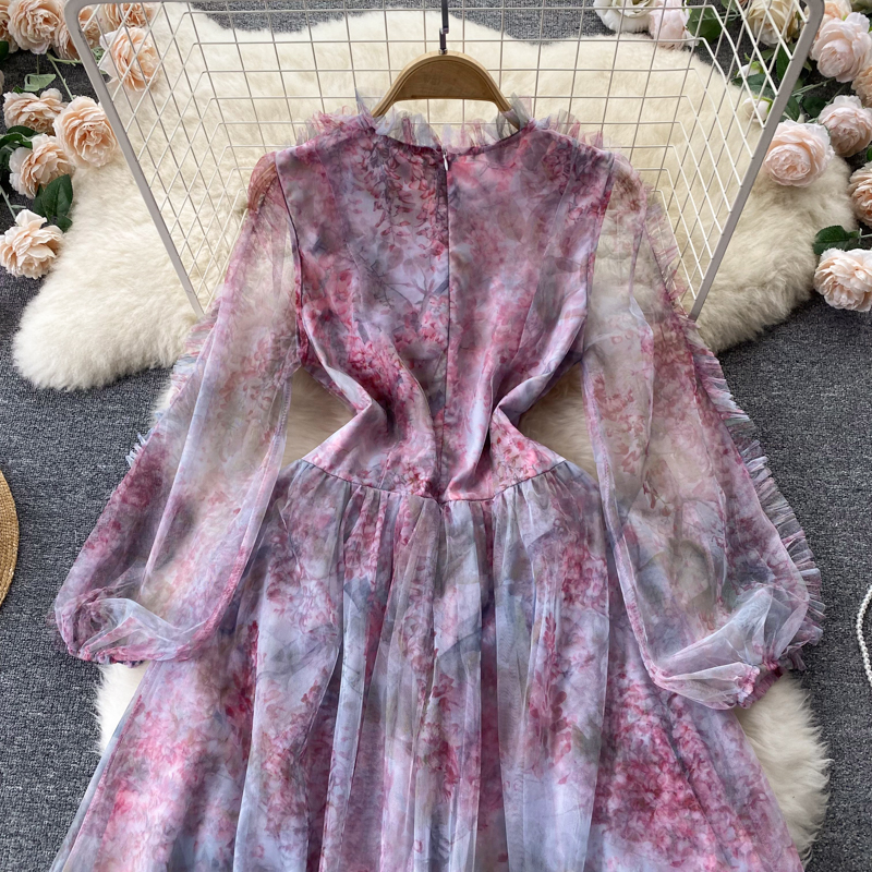 Vintage Super Fairy French Tea Break Dress Mesh Print Temperament Sweetheart First Love A-line Mid length Dress
