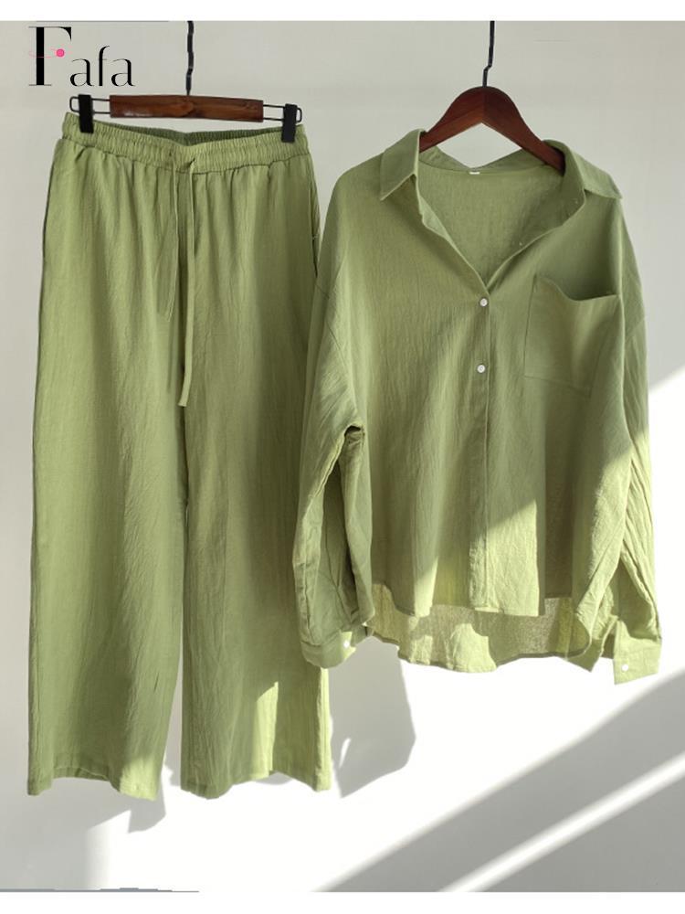 Women's Two Piece Pants Women Casual Cotton 2 Piece Set Summer Female Vintage Loose Outfits Oversized Long Sleeve Shirt And High Waist Pants Suit