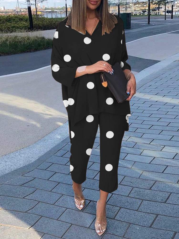 Women's Two Piece Pants ZANZEA Bohemian Summer Polka Dots Printed Holiday Matching Sets Long Sleeve O-Neck High Low Blouse Femme Fashion Casual P