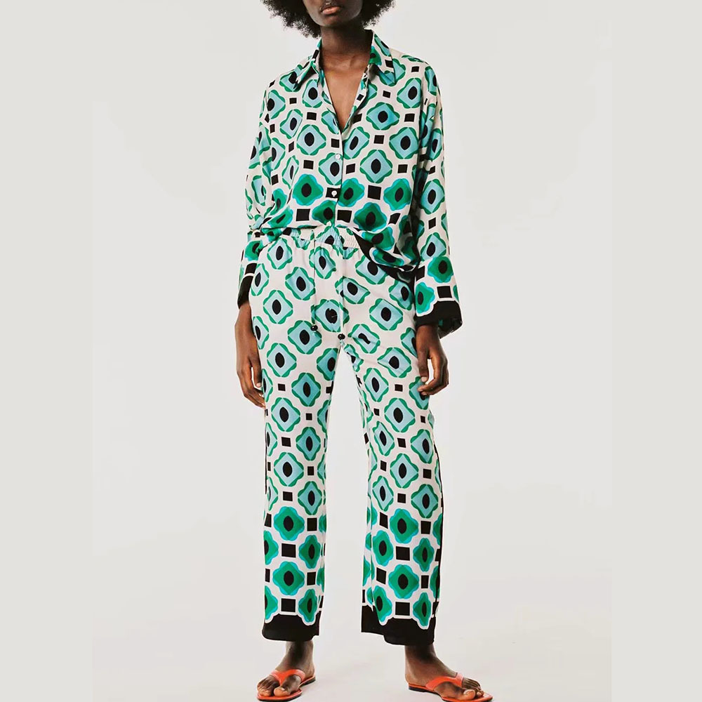 Women's Two Piece Pants xikom Summer Women Vintage Two-Piece Set Bohemia Print Loose Lapel Shirt Elastic High Waist Casual Trousers Pants Set 221
