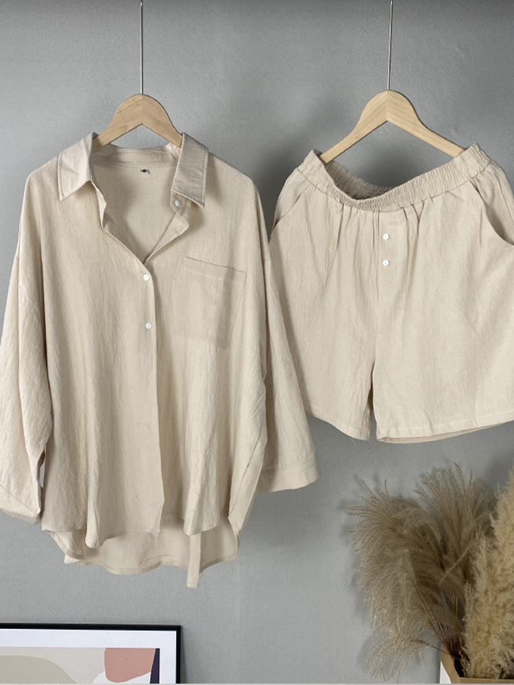 Women's Two Piece Pants Women Casual Cotton 2 Piece Set Summer Female Vintage Loose Outfits Oversized Long Sleeve Shirt And High Waist Pants Suit