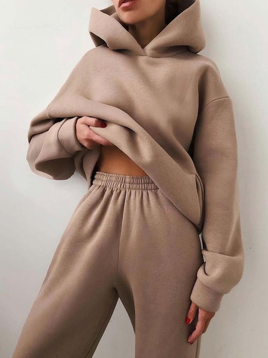 Women's Two Piece Pants Women's Tracksuit Casual Solid Long Sleeve Hooded Sport Suits Autumn Warm Hoodie Sweatshirts And Long Pant Fleece Tw