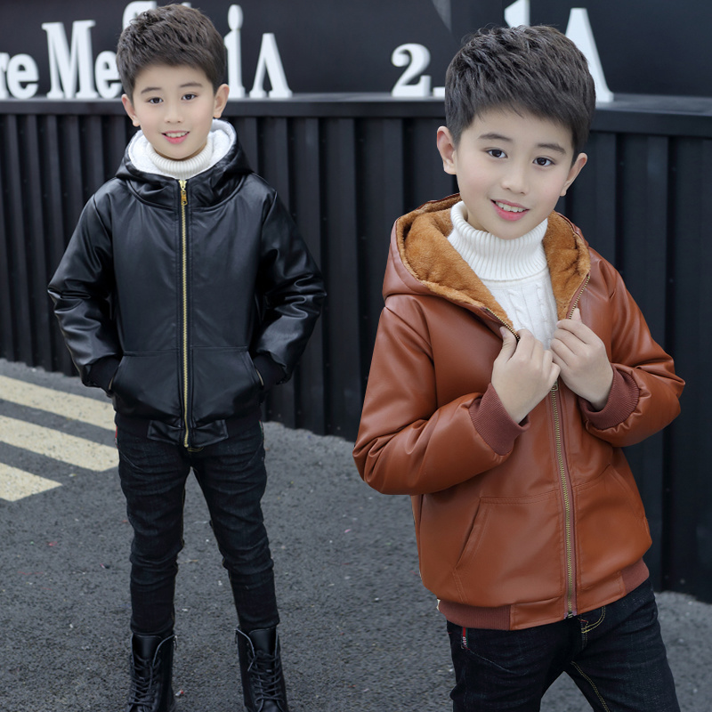 Jackets 6 9 10 11 12 Years Children Boys Girl Hooded Fur Zipper Biker Leather Jacket Winter Warm Fleece Coat Teenager Outerwear 221010