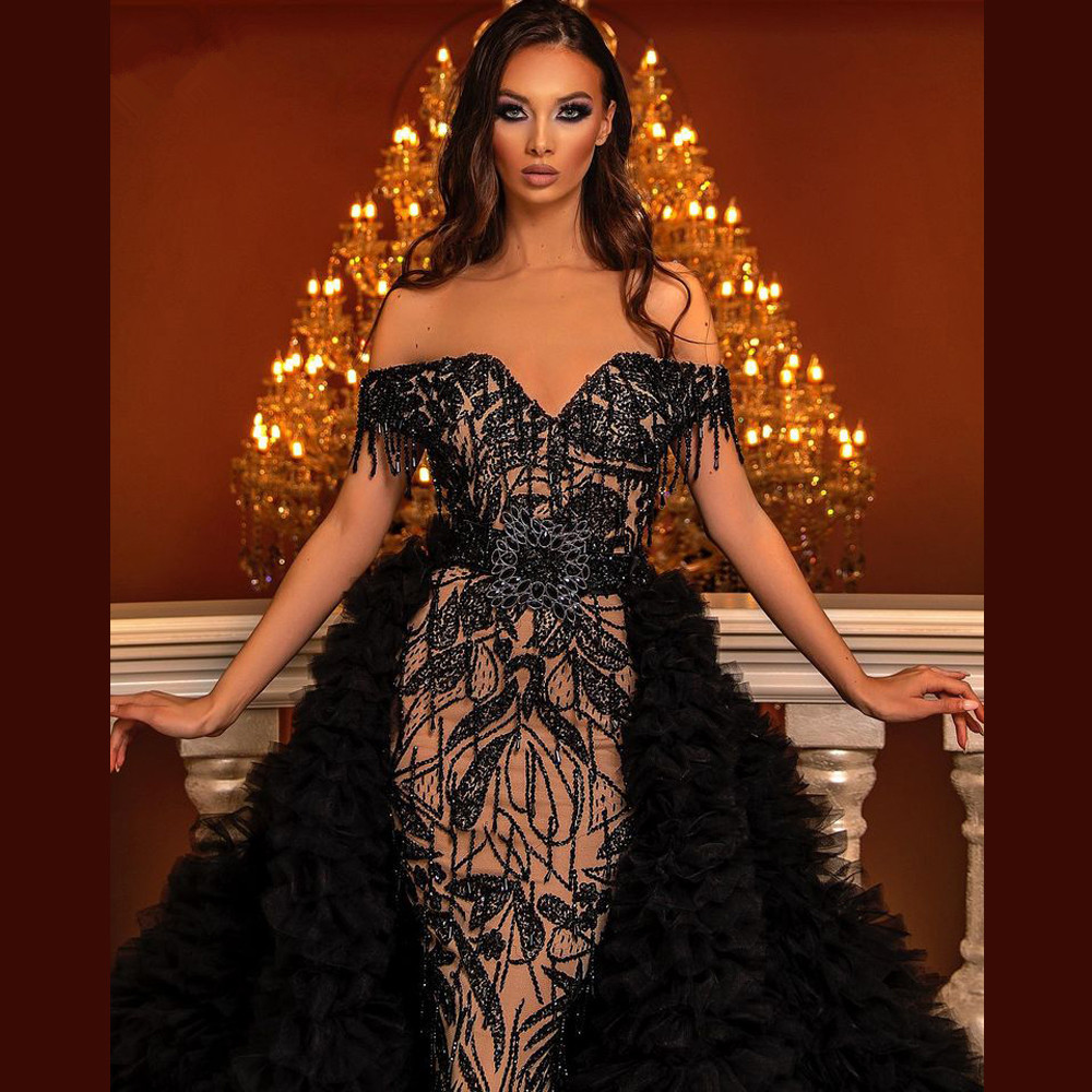 Glamorous Black Mermaid Prom Dresses Lace Tassels with Overskirts Party Dresses Tiered Ruffles Women Formal Custom Made Evening Dress