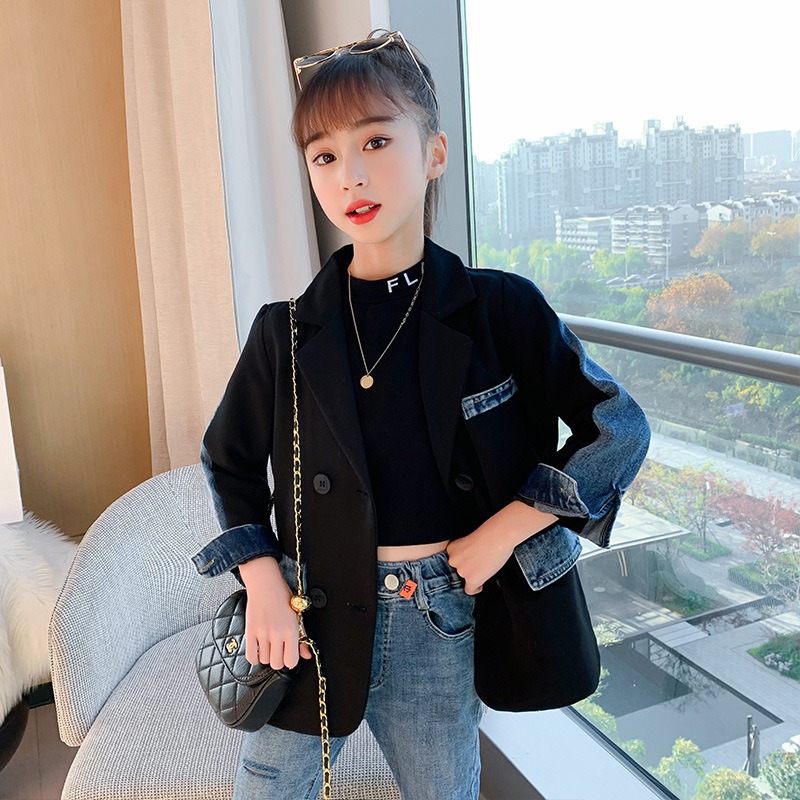 Jackets Kids Baby Girls Coat Fashion Black Patchwork Denim Tops Spring Autumn Children Clothes Teen Girl Blazer Outwear 221010