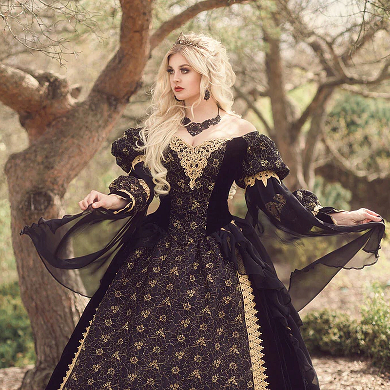 Gothic Black Wedding Dress With Long Cap Wrap Sleeping Beauty ball Gown Velvet Chiffon Lace Appliques Tiers Ruffle Long Sleeves Masquerade Vintage Fan