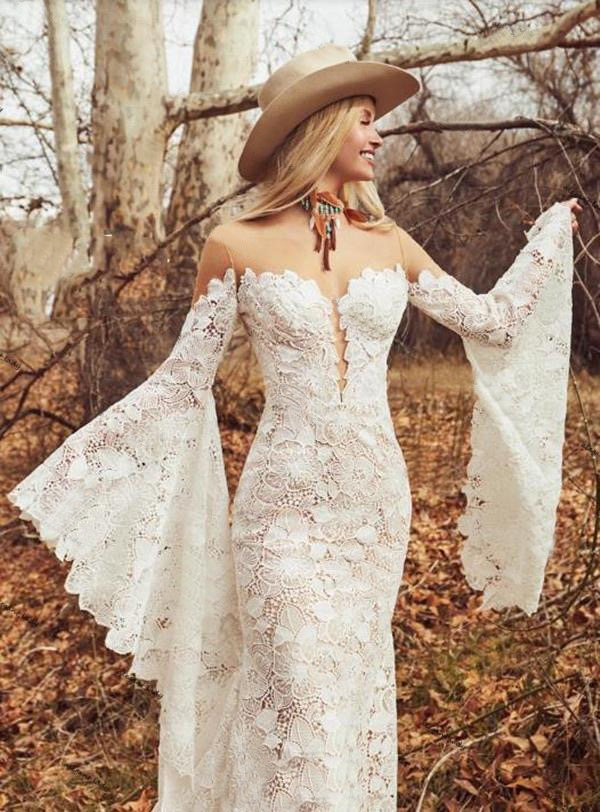 Long Boho Sleeves Wedding Dresses 2022 Sheer O-Neck Vintage Crochet Bold Cotton Lace Bohemian Hippie Country Bride Gowns 0431
