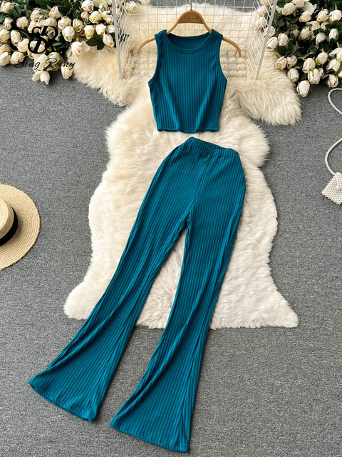 Women's Two Piece Pants SINGREINY Women Casual Pants Set Fashion Bodycon Slim Short Tank Top Striped Wide Legs Long Pants Solid Summer Two Piece 