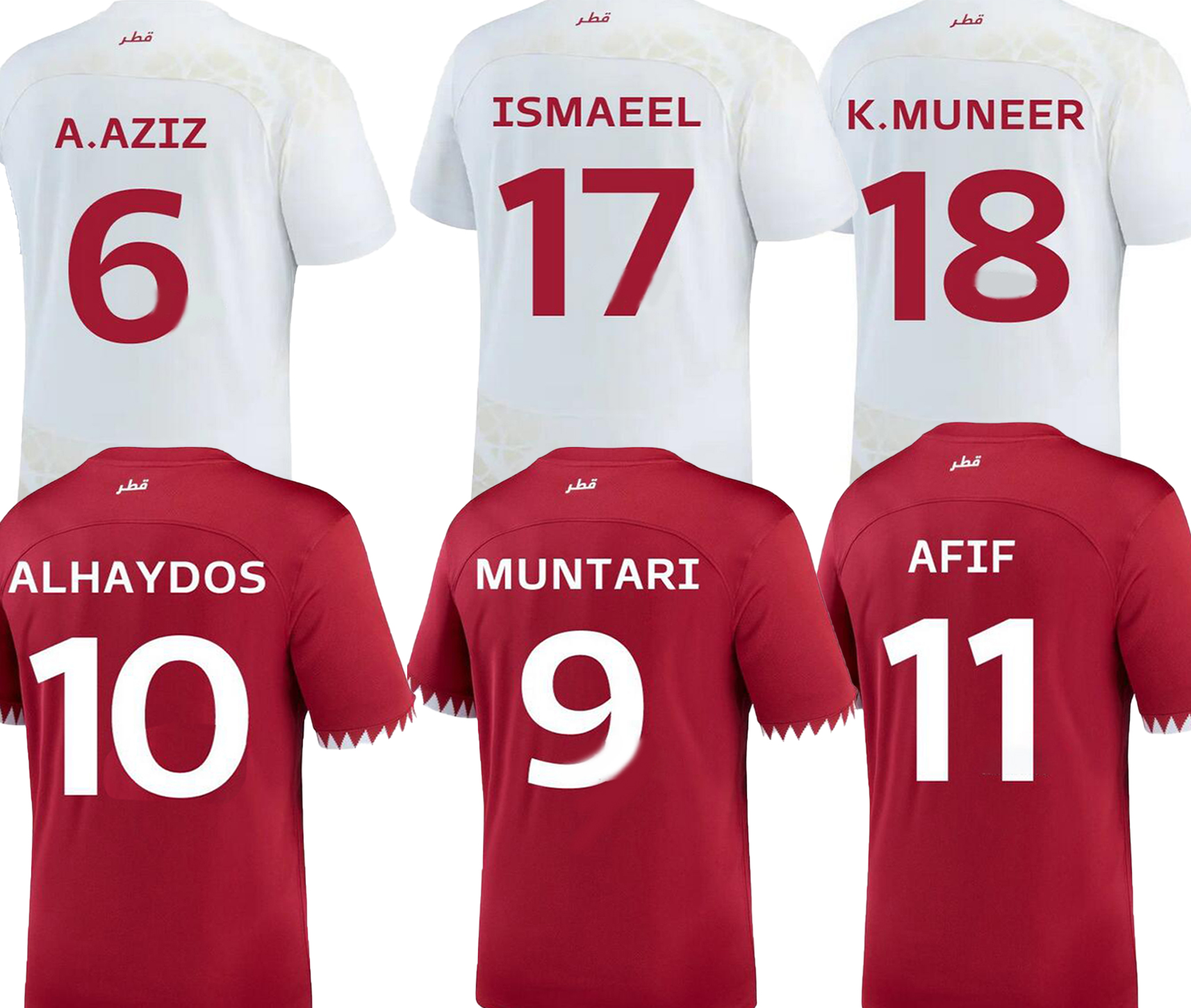 Qatar Soccer Jerseys 2022 World Football Shirt 22-23 National Team Mens kids Women Thai Quality Jersey ALHAYDOS 10 MUNTARI 9 ALAAELDIN 7 BOUDIAF 12 AFIF 11, 22-23 away patch
Qatar Soccer Jerseys 2022 World Football Shirt 22-23 National Team Mens kids Women Thai Quality Jersey ALHAYDOS 10 MUNTARI 9 ALAAELDIN 7 BOUDIAF 12 AFIF 11, 22-23 away patch
