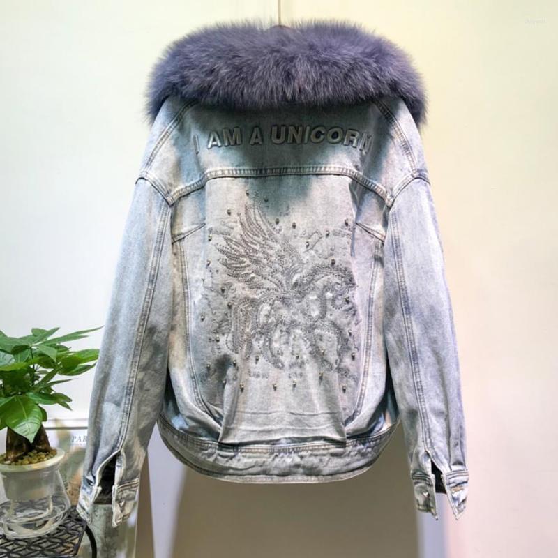 Women' Fur Real Collar Thicker Warm Denim Jacket Female Winter Liner Detachable Diamond Beading Coat F2064, Gray fur
Women' Fur Real Collar Thicker Warm Denim Jacket Female Winter Liner Detachable Diamond Beading Coat F2064, Gray fur