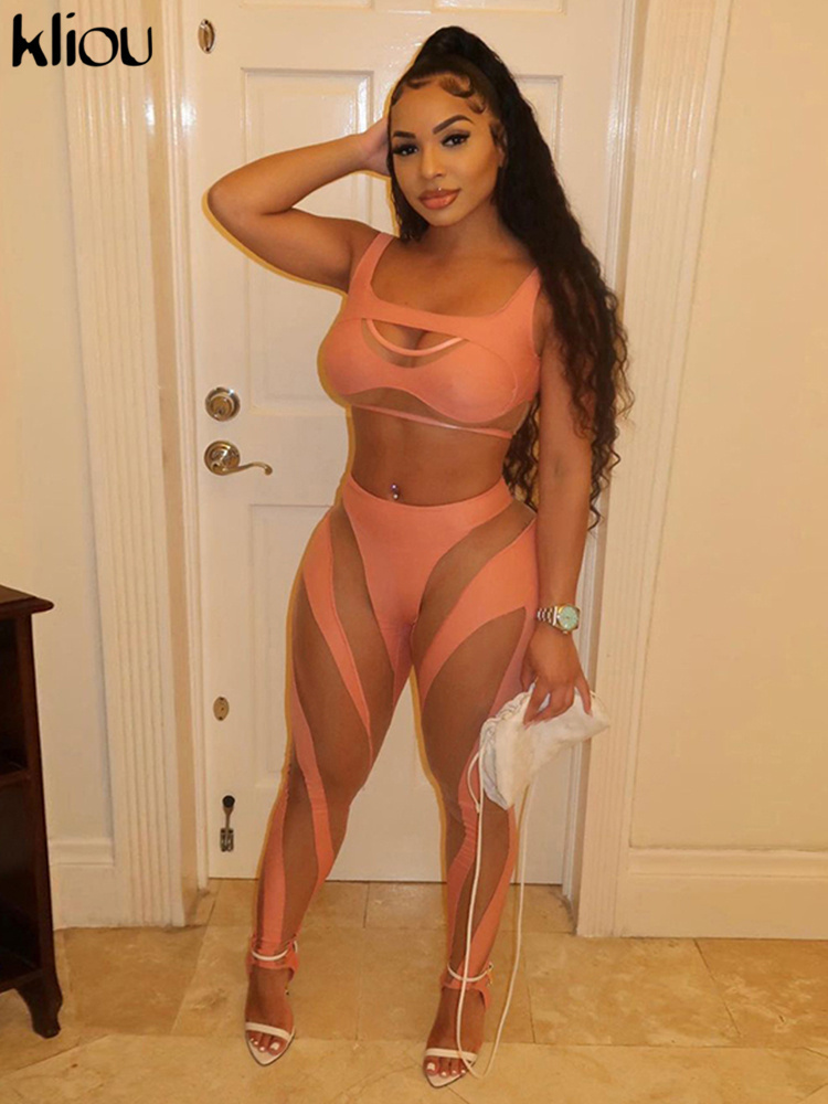 Women's Two Piece Pants Kliou Mesh Patchwork Two Piece Set Women Skinny Hole Sleeveless VestMid Waist See Through Leggings High Street Attirewear