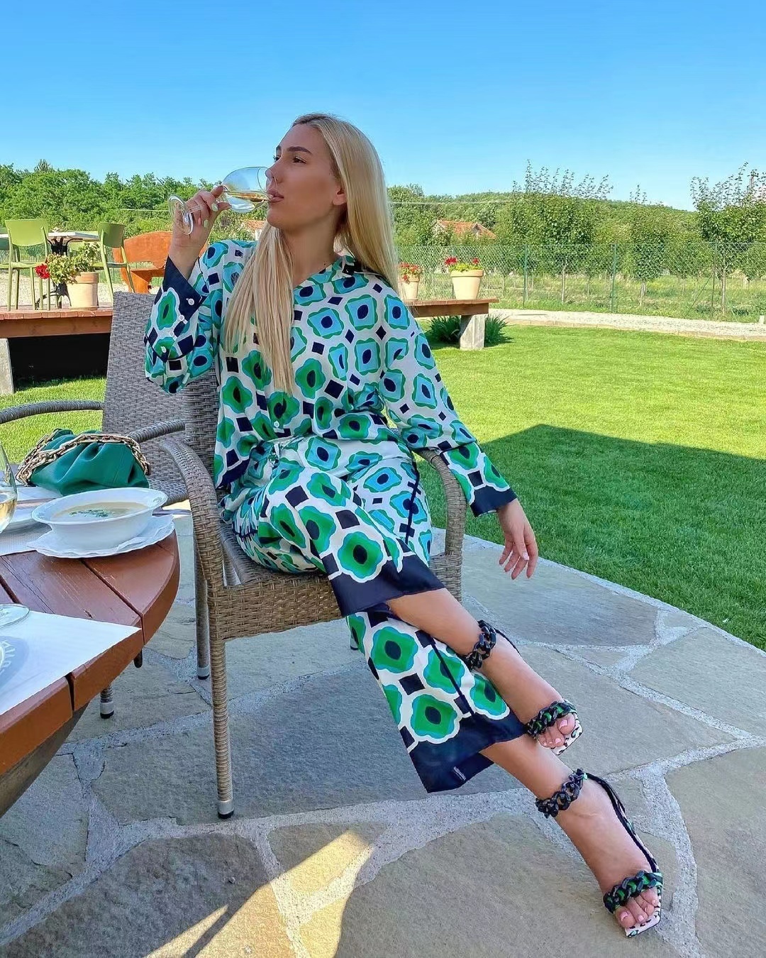 Women's Two Piece Pants xikom Summer Women Vintage Two-Piece Set Bohemia Print Loose Lapel Shirt Elastic High Waist Casual Trousers Pants Set 221