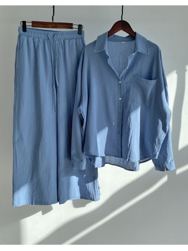 Women's Two Piece Pants Women Casual Cotton 2 Piece Set Summer Female Vintage Loose Outfits Oversized Long Sleeve Shirt And High Waist Pants Suit