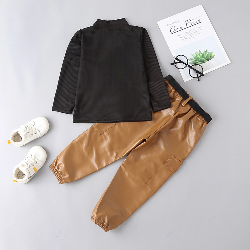 Kids Baby Girls clothes set Ribbed T Shirt Tops PU Leather Long Pants With Belt 2PCS Outfits, As picture 
Kids Baby Girls clothes set Ribbed T Shirt Tops PU Leather Long Pants With Belt 2PCS Outfits, As picture
