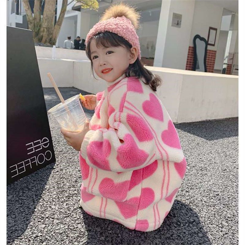 Jackets Girls Fleece Jacket Coat Cute Heart Pattern Warm Children Outerwear Sweatshirt Winter Fashion Kids Top Clothes 221010