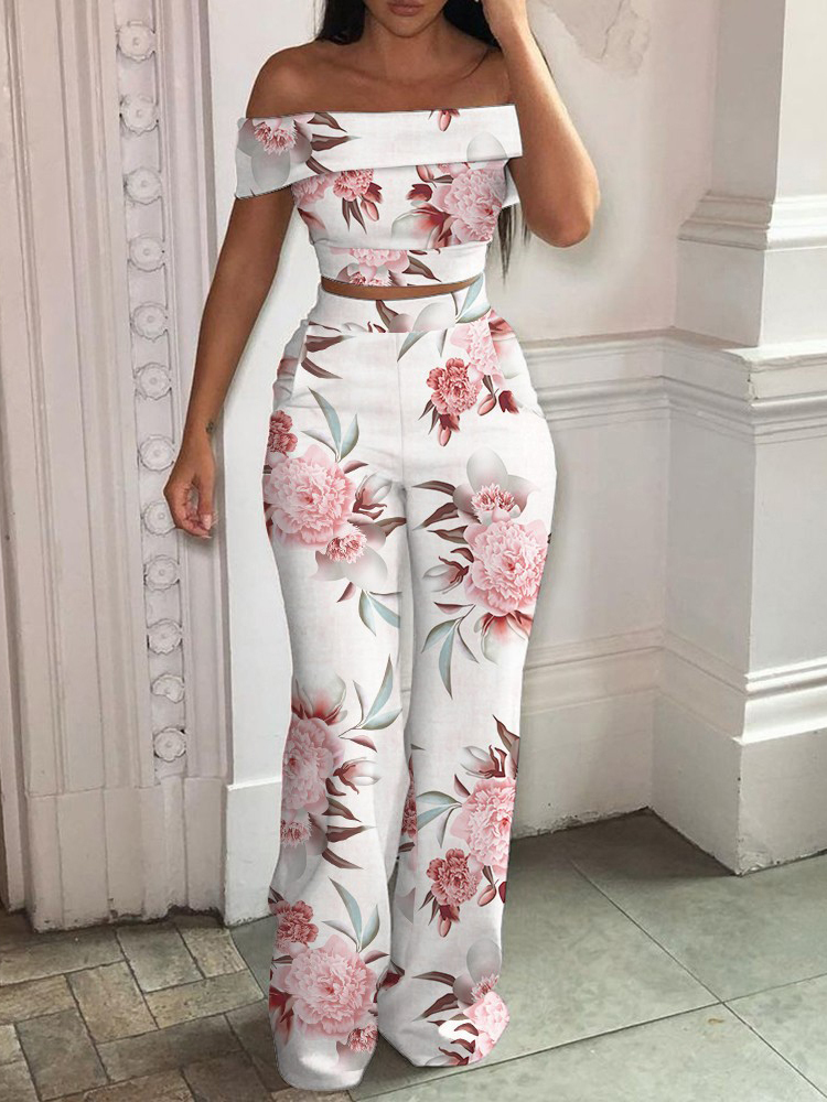 Women's Two Piece Pants Matching Set Women Slash Neck Pullover Top High Elastic Waist Wide Leg Pants Ladies Outfit Summer Printing Slim Streetwea