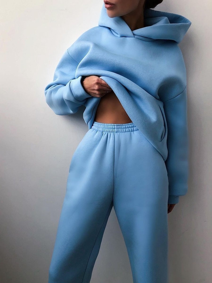 Women's Two Piece Pants Women's Tracksuit Casual Solid Long Sleeve Hooded Sport Suits Autumn Warm Hoodie Sweatshirts And Long Pant Fleece Tw