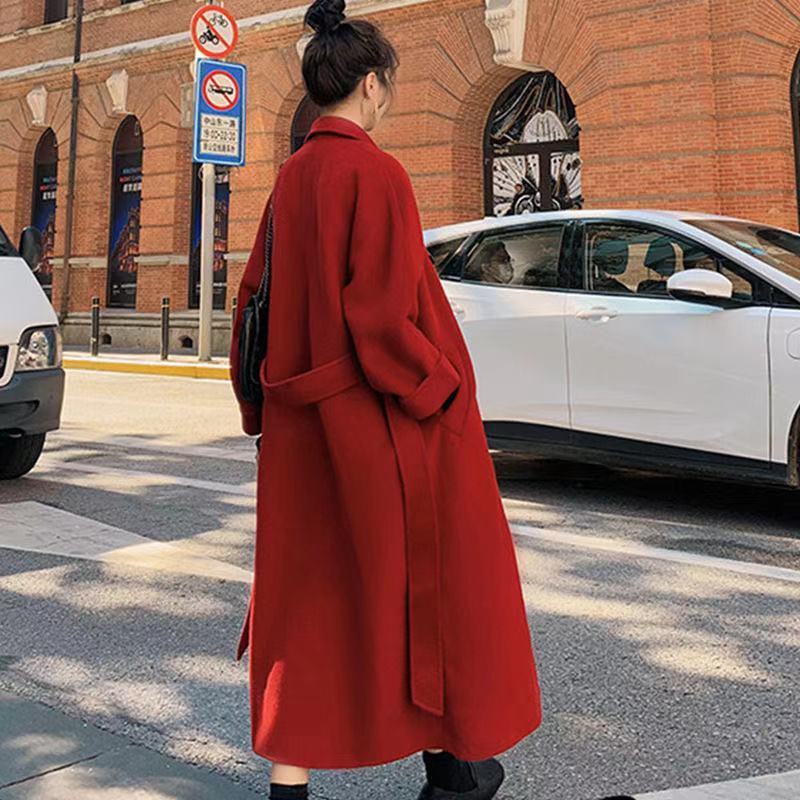 Women's Wool Blends Korea Women Spring Autumn Black Loose Long Wool Coat Jacket Belt Woolen Overcoat Split Hem Cardigan Outerwear 3XL 221010