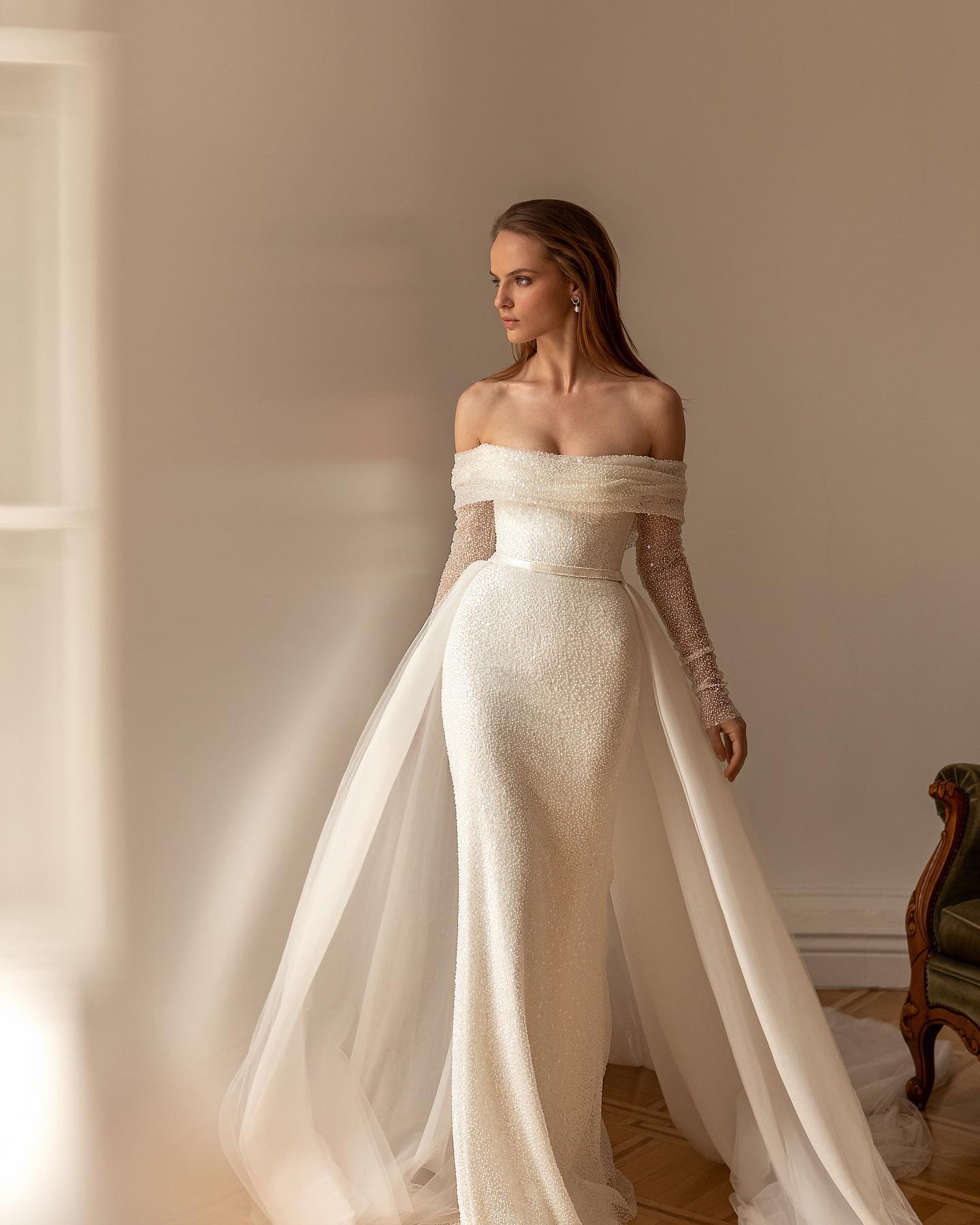 Eva Lendel Sparkly Beading Mermaid Wedding Dress With Detachable Train Off The Shoulder Long Sleeve Bridal Gowns Sequined robes de mariee