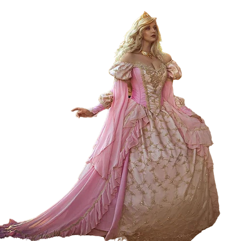 Pink Ombre Fantasy Sleeping Beauty Wedding Dress Long Sleeve Court Train 2023 Vintage Country Bride Ball Gown Gold Lace Applique Beaded Masquerade Occ